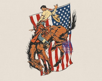 Western 4th of July PNG, Cowboy Rodeo PNG, Bronc Riding Patriotic Design, Bucking Horse Western Graphic Digital Download
