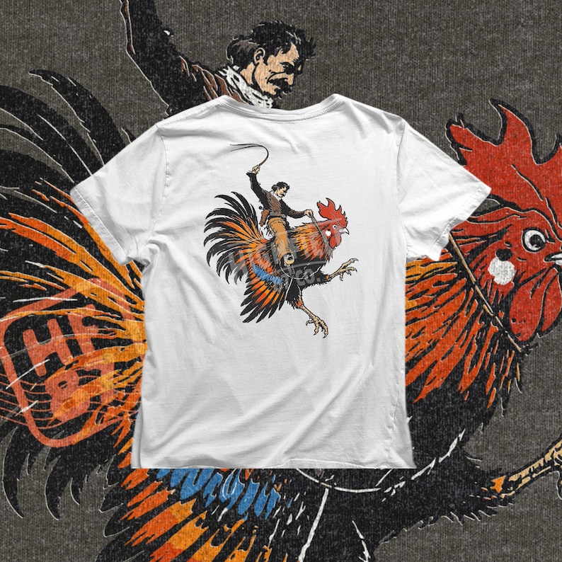 Vintage cowboy PNG design with a man riding a rooster, lasso in hand, with bold ink outlines and retro western style for funny shirt graphics.
