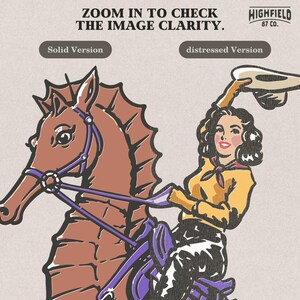 cowgirl on seahorse illustration with curled tail and western outfit, coastal graphic
