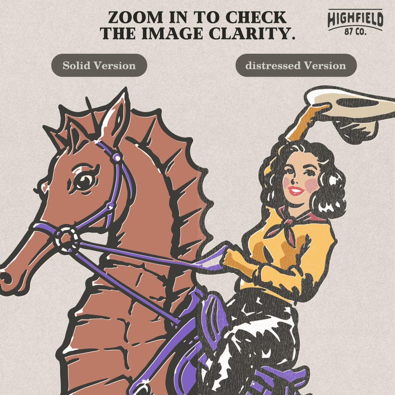 cowgirl on seahorse illustration with curled tail and western outfit, coastal graphic