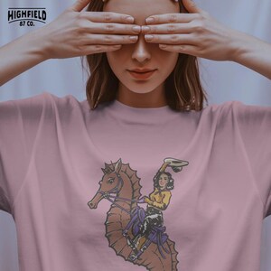 seahorse illustration with cowgirl rider in vintage western clothing, coastal theme
