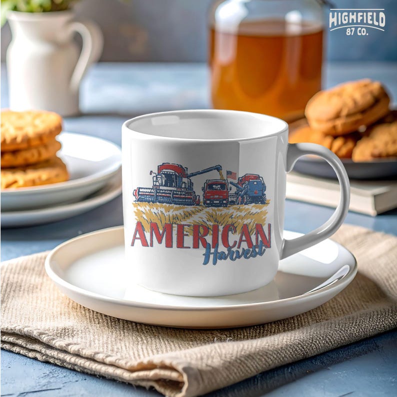 USA Farm PNG showing red white and blue American Harvest artwork with combine harvester and tractor for patriotic agriculture apparel.