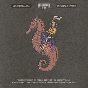 western cowgirl riding seahorse with rope and hat, unique ocean fantasy design