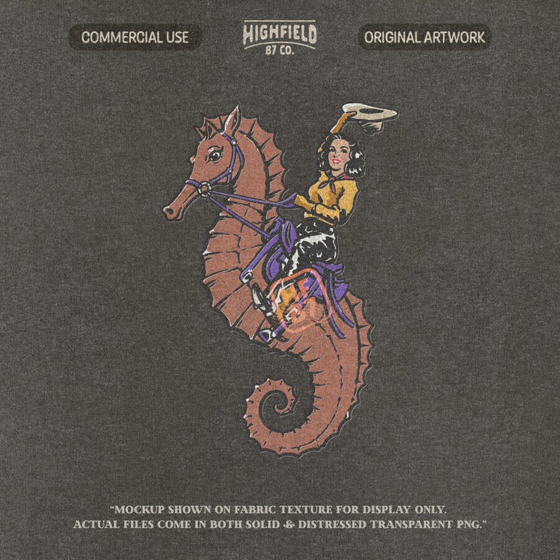 western cowgirl riding seahorse with rope and hat, unique ocean fantasy design