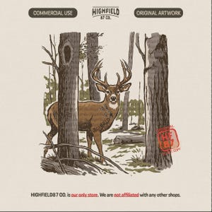 Whitetail Buck PNG – Deer in Forest Hunting Graphic, Vintage Whitetail Deer Illustration, Digital Download