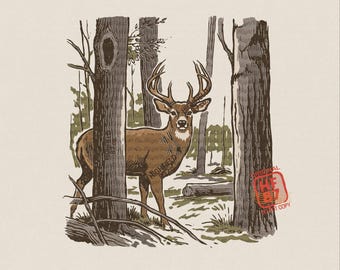 Whitetail Buck PNG – Deer in Forest Hunting Graphic, Vintage Whitetail Deer Illustration, Digital Download