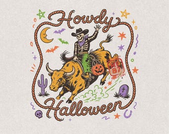 Howdy Halloween PNG, Skeleton Cowboy Bull Riding Shirt Design, Western Rodeo Spooky Season Digital Download for Men Women