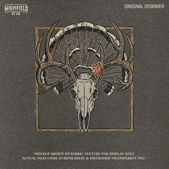 Deer Skull Turkey Fan Illustration, Vintage Hunting Trophy (PNG