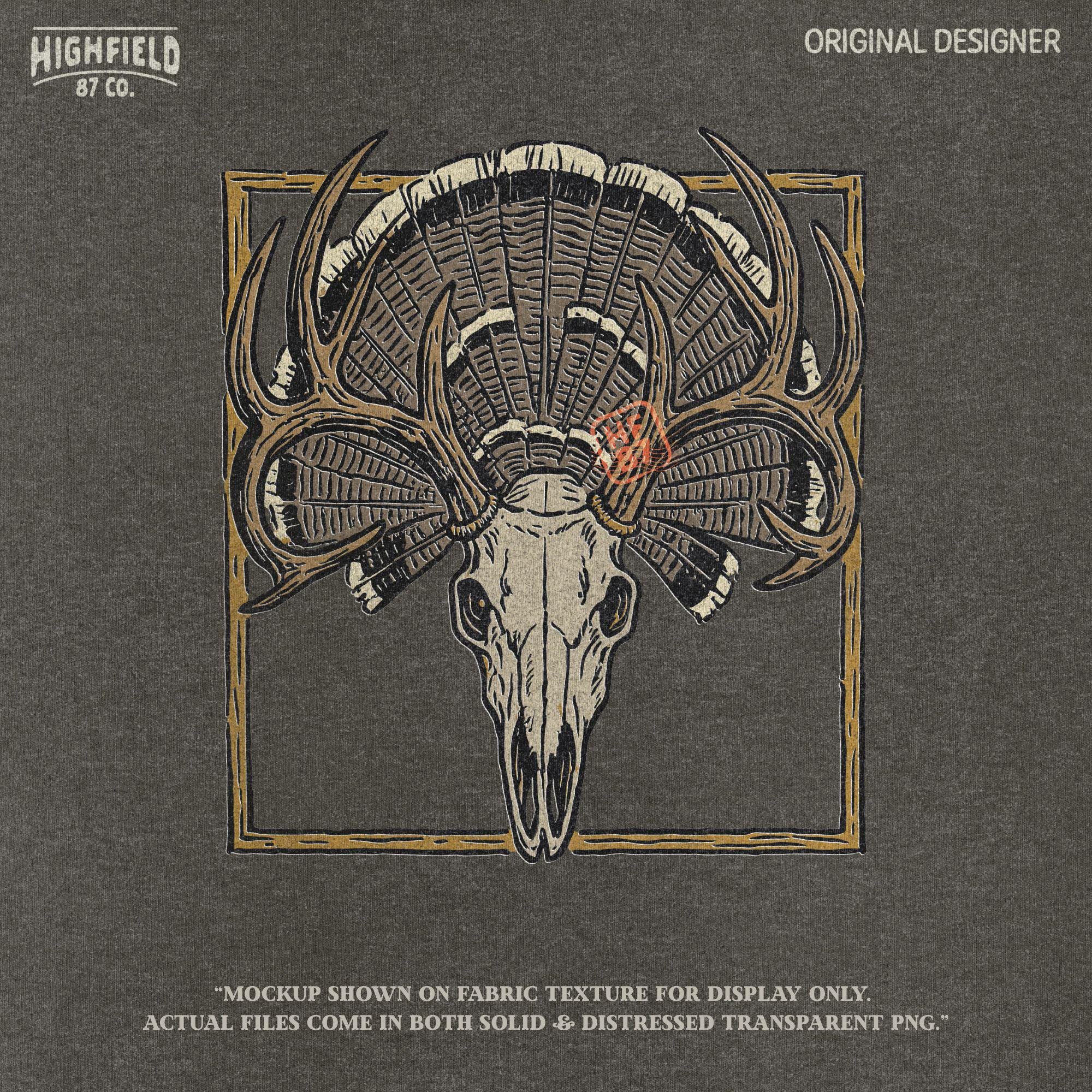 Deer Skull Turkey Fan Illustration, Vintage Hunting Trophy (PNG