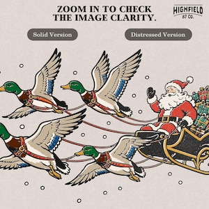 Santa sleigh artwork with four flying mallard ducks replacing traditional reindeer, surrounded by falling snow and a stack of red and green Christmas gifts.
