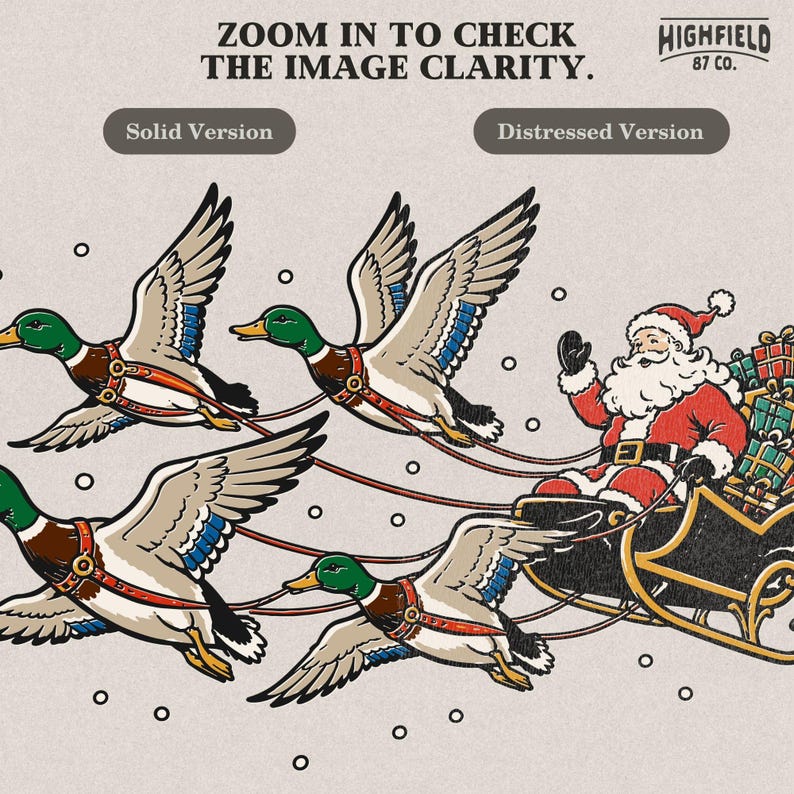 Santa sleigh artwork with four flying mallard ducks replacing traditional reindeer, surrounded by falling snow and a stack of red and green Christmas gifts.