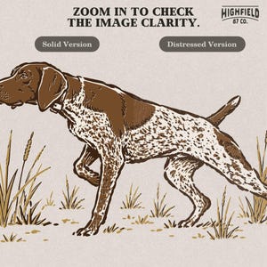 Bird dog PNG featuring a German Shorthaired Pointer in an upland hunting pose with grass, cattails, and outdoor field artwork.