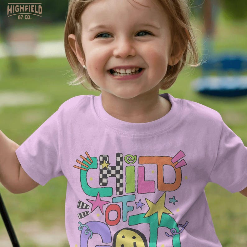 Kids church PNG showing Child Of God text in bold doodle lettering with colorful shapes, stars, and happy faith details.