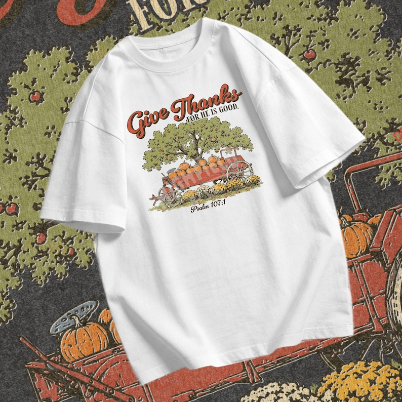 Pumpkin wagon PNG showing a harvest cart filled with pumpkins under a tree with Psalm 107 1 and Thanksgiving faith wording.