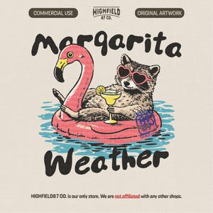Może przedstawiać: Ilustracja szopa pracza w okularach w kształcie serca, relaksującego się na różowym pływaku w kształcie flaminga, trzymającego margaritę. Tekst "Margarita Weather" jest wyświetlany poniżej. Grafika jest oryginalna.