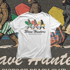 sasquatch beach scene illustration walking with surfboard, coastal summer graphic for t shirt printing PNG download