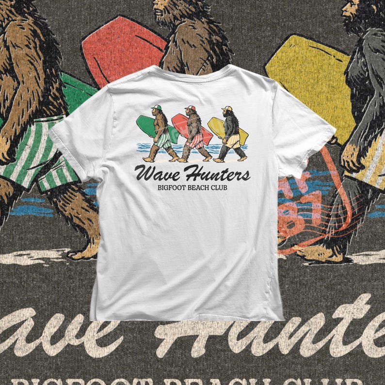 sasquatch beach scene illustration walking with surfboard, coastal summer graphic for t shirt printing PNG download