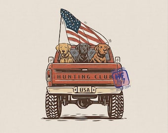 Camioneta con perro de caza PNG, diseño de club de caza con bandera estadounidense, gráfico de Labrador Retriever para camiseta de cazador, descarga digital para exteriores de EE. UU.
