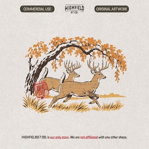 May include: A graphic illustration featuring two brown deer with antlers running beneath an orange-leafed tree. The text reads HIGHFIELD 87 CO., COMMERCIAL USE, ORIGINAL ARTWORK, and a red stamp overlay says DO NOT COPY. The background is light beige.