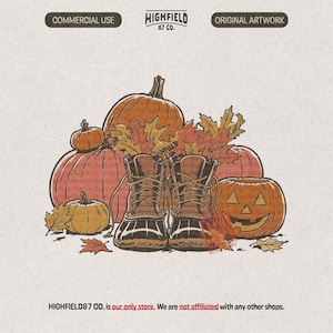 May include: A graphic illustration featuring a pair of brown lace-up boots surrounded by orange pumpkins and autumn leaves. One pumpkin is carved as a jack-o'-lantern. Text at the top reads HIGHFIELD 87 CO. and at the bottom HIGHFIELD 87 CO.
