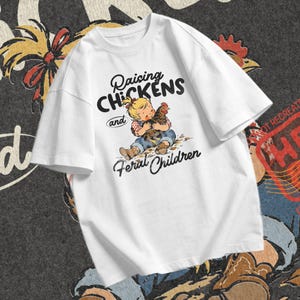 Funny chicken PNG showing a country child sitting with a chicken for farm mom shirts, homestead apparel, and chicken lover designs.