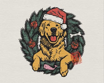 Christmas Golden Retriever PNG, kerstmuts hondenkrans shirtontwerp, vakantie huisdier minnaar cadeau, digitaal kerstdownloadbestand