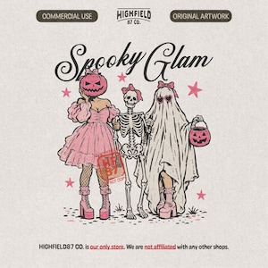 May include: A digital illustration titled Spooky Glam featuring three figures: a person with a pumpkin head in a pink dress, a skeleton with a pink bow, and a ghost wearing heart-shaped glasses, all holding pink jack-o'-lantern buckets.