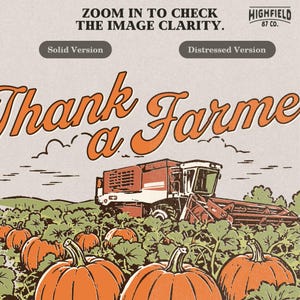 Farmer appreciation PNG featuring a pumpkin field with large orange pumpkins, leafy vines, and a combine harvester working in the background beneath “Thank a Farmer” text.