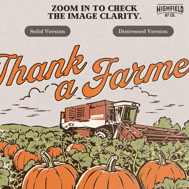 Farmer appreciation PNG featuring a pumpkin field with large orange pumpkins, leafy vines, and a combine harvester working in the background beneath “Thank a Farmer” text.