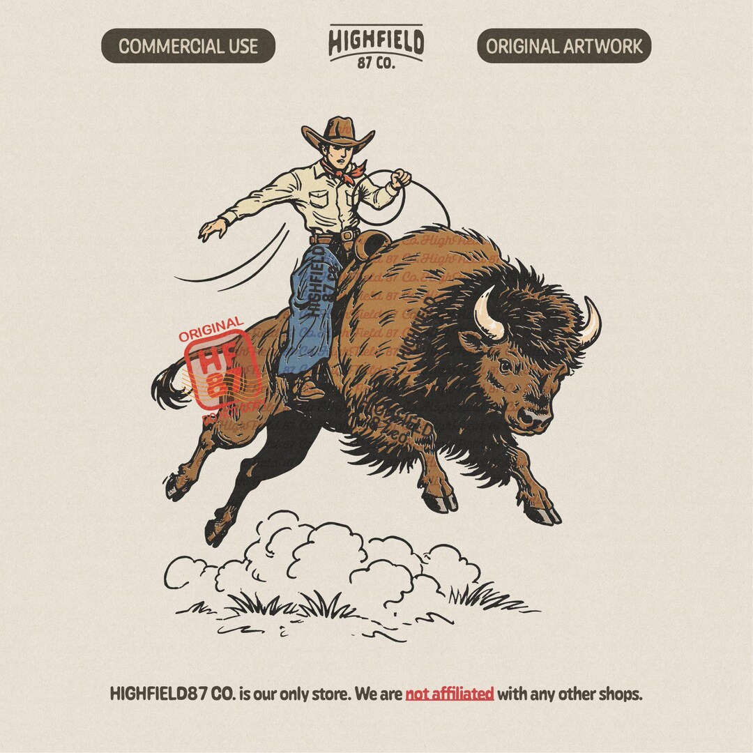 Cowboy Riding Bison PNG: Vintage Western Rider on Buffalo Graphic for ...