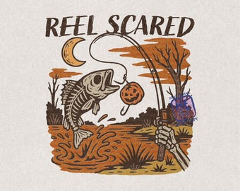 Reel Scared PNG, design per maglietta da pesca di Halloween, esca a forma di pesce scheletro Jack O' Lantern per la stagione spettrale, download digitale per pescatori