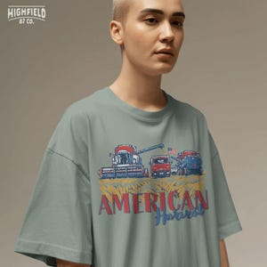 Farm Life PNG featuring harvest equipment, wheat rows, grain truck, and American flag details for country farm shirt digital downloads.
