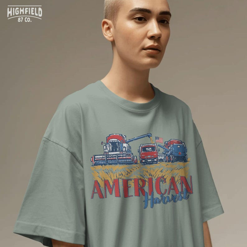 Farm Life PNG featuring harvest equipment, wheat rows, grain truck, and American flag details for country farm shirt digital downloads.
