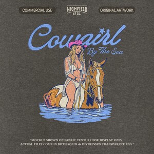 cowgirl by the sea artwork with horse in ocean water, beach western summer design