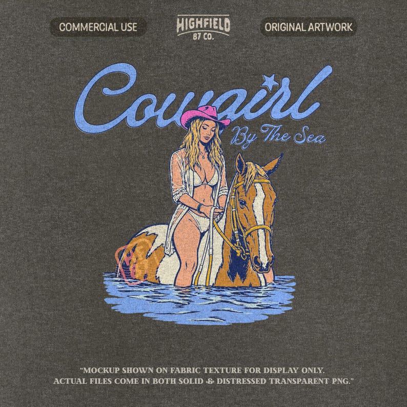 cowgirl by the sea artwork with horse in ocean water, beach western summer design