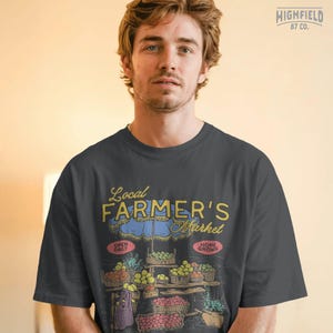 Vegetable market PNG featuring a wooden stand filled with colorful baskets of fresh produce for homestead and farm life shirt designs.