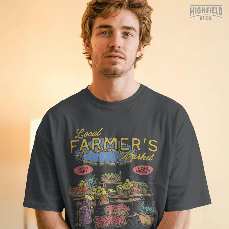 Vegetable market PNG featuring a wooden stand filled with colorful baskets of fresh produce for homestead and farm life shirt designs.