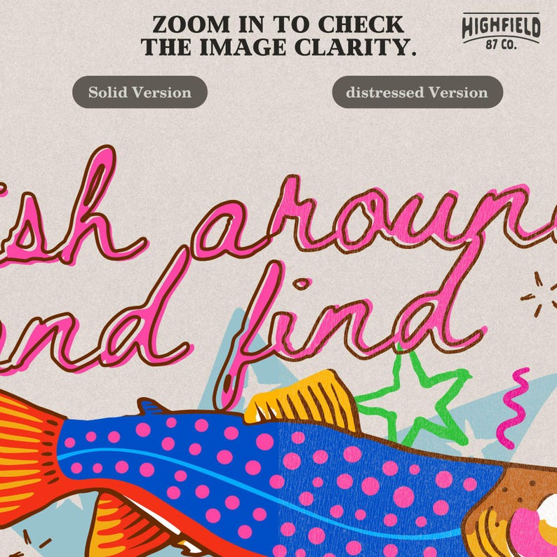colorful trout artwork with playful phrase and vibrant shapes, cute preppy fishing design