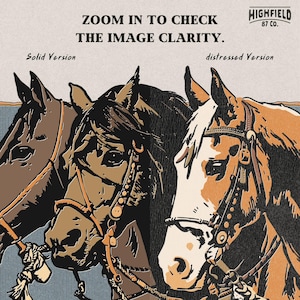 Western ranch horse PNG with three horse portraits, classic cowboy illustration for shirts and sublimation projects
