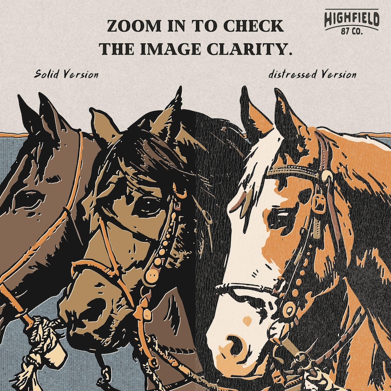 Western ranch horse PNG with three horse portraits, classic cowboy illustration for shirts and sublimation projects