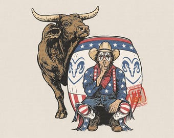 Patriotic Cowboy PNG : Western Rodeo Longhorn Bull, American Flag Barrel, 4th of July Summer Shirt Digital Download