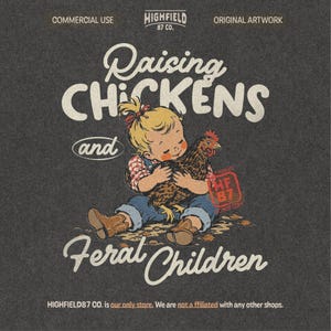 Chicken mom PNG showing a farm kid holding a brown chicken with funny country life text for chicken lover shirt designs.