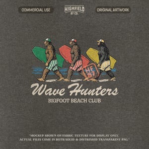 three bigfoot characters holding surfboards in green red and yellow, beach club style sasquatch artwork for summer apparel
