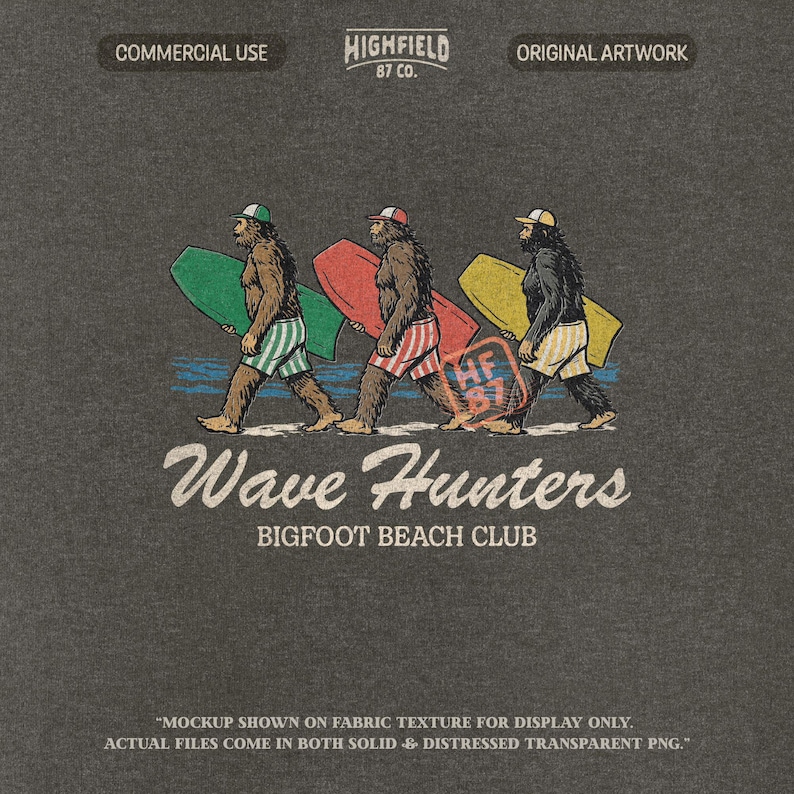 three bigfoot characters holding surfboards in green red and yellow, beach club style sasquatch artwork for summer apparel