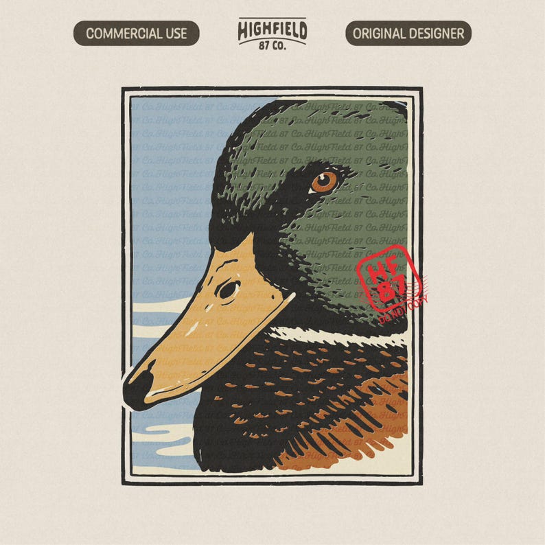 Close up portrait of a mallard duck head in profile view featuring deep green feathers, bright yellow bill, and detailed eye. The drake is illustrated in a bold vintage outdoor style with flat earth tone colors and strong linework, framed within a simple rectangular border against a soft blue sky background. Mallard duck PNG digital download for waterfowl hunting shirt design and wildlife apparel graphics.