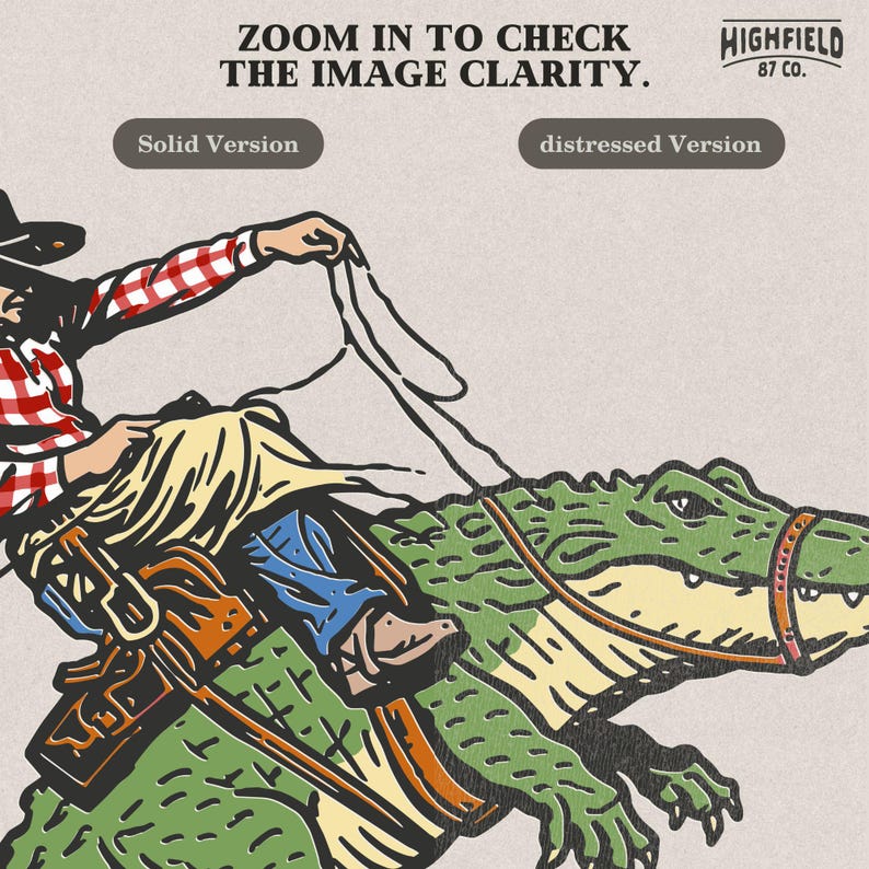 Western cowboy PNG featuring man riding alligator with rope in humorous southern themed design