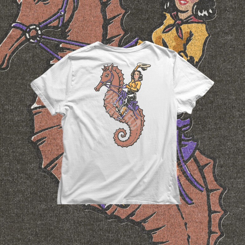 vintage style cowgirl riding seahorse with rope and saddle, beach western artwork