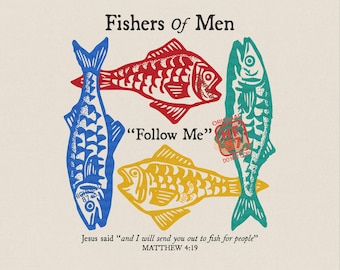 Fishers of Men PNG Matthew 4:19 Bible Verse Christian Fishing Shirt Follow Me Retro Fish Artwork Digital Download
