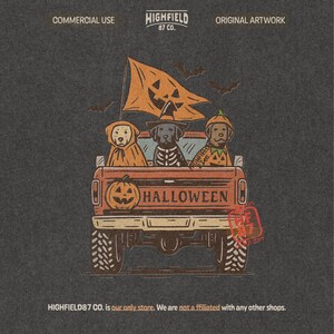 Spooky dog truck PNG showing three dogs in Halloween costumes sitting in a truck bed with pumpkin artwork and flying bats in the background.