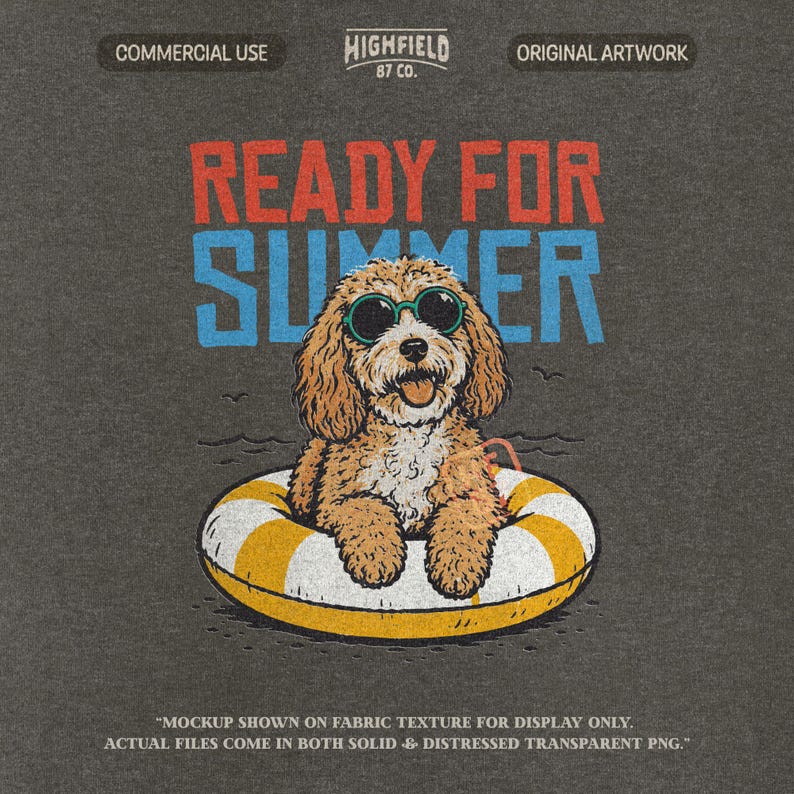 Beach dog PNG featuring a smiling fluffy puppy in sunglasses relaxing in a yellow pool float with Ready for Summer lettering for summer shirt designs.